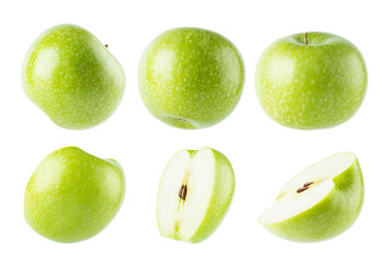 Juicy green apples collection, whole and cut on half with tails, seeds, different sides isolated on white background. Summer fresh ripe fruits as design elements.