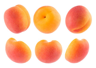 Juicy orange apricot with pink side rich - set, whole and cut on half, different sides, closeup, details, isolated on white background. Summer fresh natural fruits as design elements.