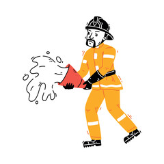 Man Firefighter Character in Helmet and Uniform Carry Water in Bucket Vector Illustration