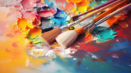 Fototapeta premium Paintbrushes on artist canvas covered with oil paints