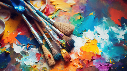 Obraz premium Paintbrushes on artist canvas covered with oil paints