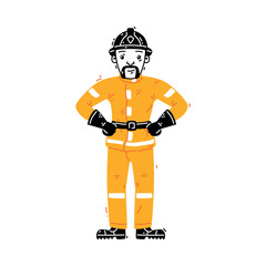 Man Firefighter Character in Helmet and Uniform Stand and Smiling Vector Illustration