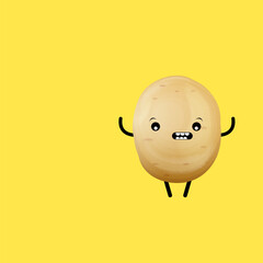 vector funny cartoon cute tiny brown smiling potato character isolated on yellow background. Funky Potato with smiling face. vegetable funky character