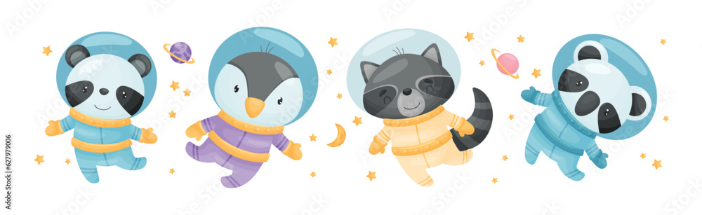 Poster funny animals wearing astronaut costumes or spacesuit floating in space vector set