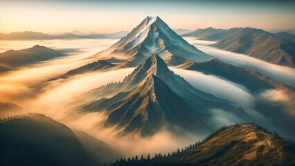 A high-angle photo taken in the morning featuring a large mountain that is beautifully enveloped by fog.