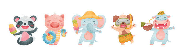 Cute Animal at Seaside at Summer Having Rest Vector Set
