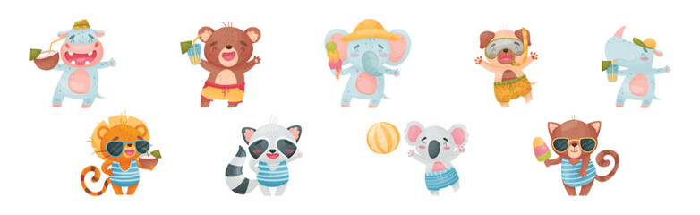 Cute Animal at Seaside at Summer Having Rest Vector Set