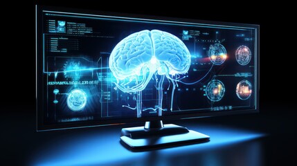Analyse Patient MRI Scan on Computer Screen, Diagnose Brain, Brain Surgery Concept. Generative Ai