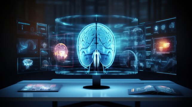 Analyse Patient MRI Scan on Computer Screen, Diagnose Brain, Brain Surgery Concept. Generative Ai