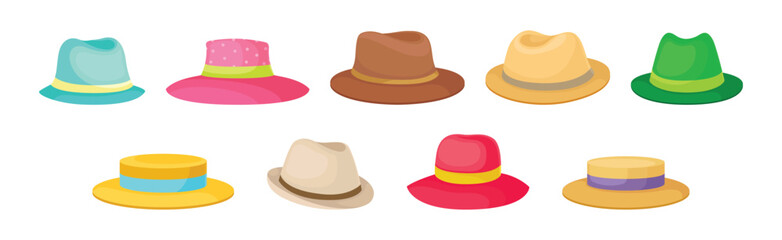 Colorful Wide-brimmed Felt or Cloth Hat Vector Set