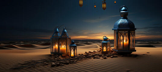 Islamic holiday banner, suitable for Ramadan, A lit up lantern, decor serene evening blue .generative ai
