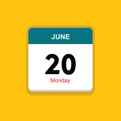 monday 20 june icon with yellow background, calender icon