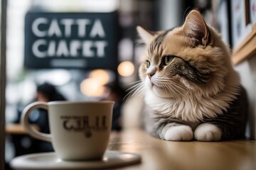 Cat cafe. The cat is sitting near the cup - Powered by Adobe