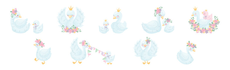 Beautiful White Swan or Goose with Golden Crown and Floral Arrangement Vector Set