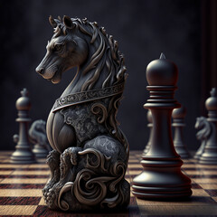 Unusual chess pieces. On the chessboard. Beautiful background. Handmade.