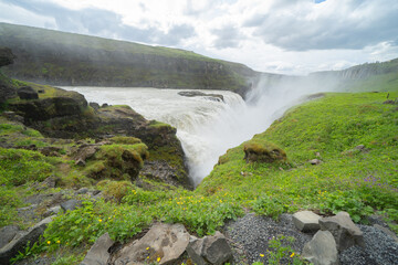 Gullfoss waterfall in summer season in Iceland. Famous nature landscape background