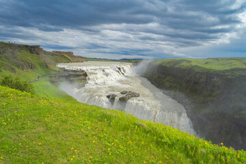 Gullfoss waterfall in summer season in Iceland. Famous nature landscape background