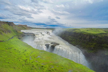 Gullfoss waterfall in summer season in Iceland. Famous nature landscape background