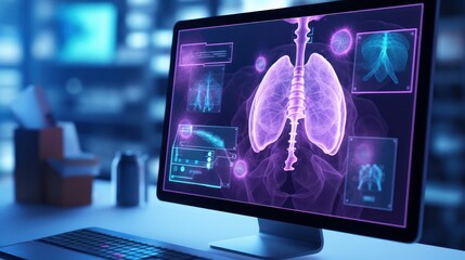 Diagnose Treatment Lungs on Computer Screen, Analyse Patient Lung, Pneumonia. Generative Ai