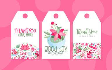 Pink Flower Tags Design with Flora Blossom Vector Template