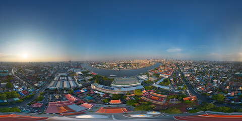 360 panorama by 180 degrees angle seamless panorama of aerial view of buildings with curve of Chao Phraya River. Samut Sakhon skyline near Bangkok, Urban city in downtown area at noon, Thailand.
