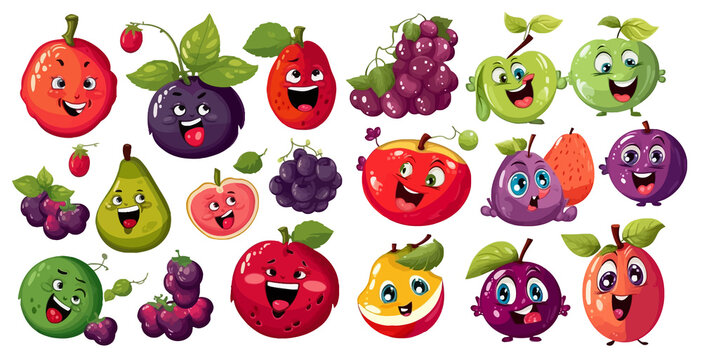 Funny cartoon smiley fruit vegetables food vector icon collection, apple watermelon grape banana strawberry
