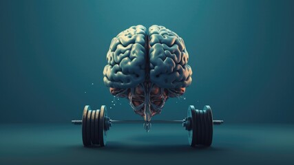 Fitness brain image showing the human brain  on a barbell on dark cyan background with copy space for text