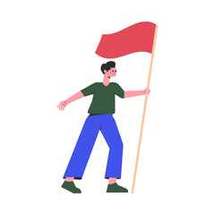 Follow the Leader with Man Holding Flag on Pole Vector Illustration