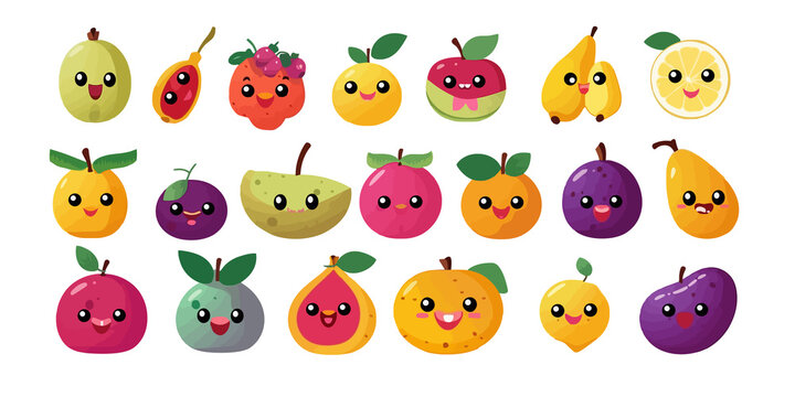 Set of colorful cartoon smiling fruit icons apple pear strawberry banana watermelon pineapple orange peach plum papaya lemon mango grape cherry kiwi vector illustration