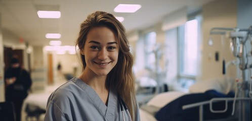 A woman standing in a hospital room next to a bed. Generative AI.