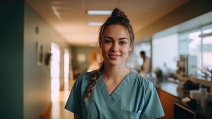 A woman in scrubs standing in a hospital hallway. Generative AI.