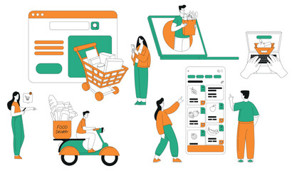 Food Delivery with Man and Woman Use Smartphone Application to Order Vector Set