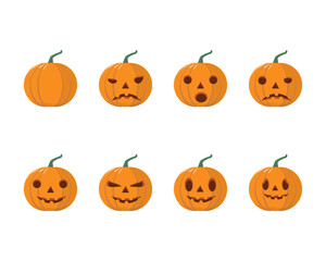 Set of cute cartoon pumpkins for your design in halloween celebration. Various shapes of orange pumpkin expressions.
Flat style vector illustration on white background.