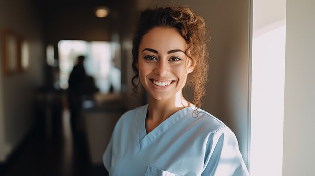A woman in a blue scrub suit smiling at the camera. Generative AI.