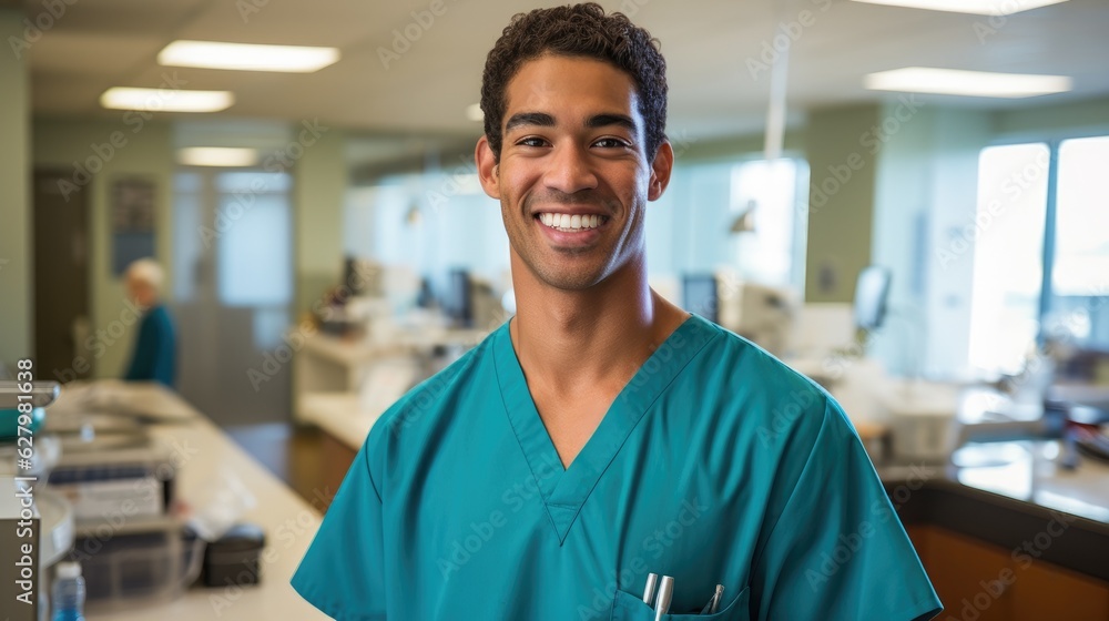 Poster a man in scrubs standing in a lab. generative ai.