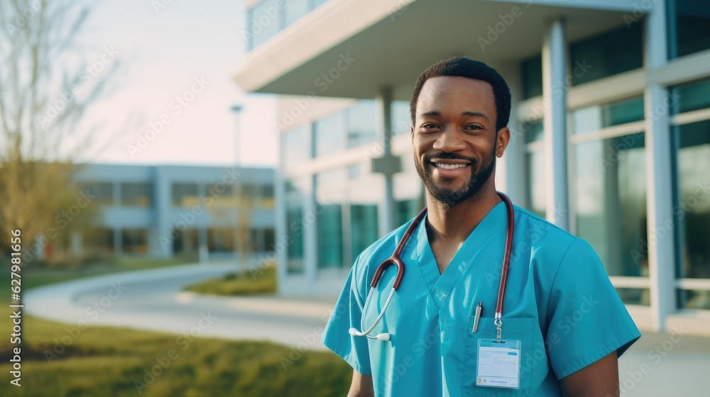 Poster a man in scrubs standing in front of a building. generative ai.
