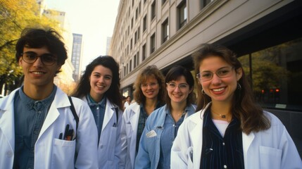 A group of people in lab coats standing in front of a building. Generative AI.