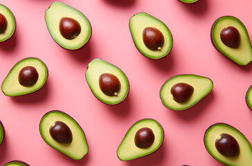 Pattern of half avocadoes with seed  in a pink background. Minimalistic concept.