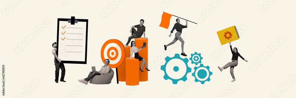 Poster 3d retro abstract creative artwork template collage of excited colleagues working as one hole mechan