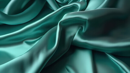 Beautiful light green blue silk satin surface. Soft folds on shiny fabric. Generative Ai