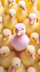 Creative pattern made with pink duck alone among yellow duckies. Surreal Easter concept. Retro style aesthetic idea.