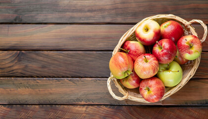 Naklejka na ściany i meble Ripe garden apple fruits in basket on wooden table. Top view flat lay with copy space