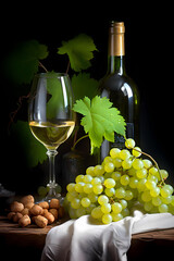 A bottle of grape wine and a beautiful bunch of grapes placed on a table with a wooden crate.