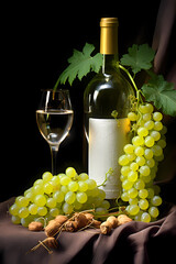 A bottle of grape wine and a beautiful bunch of grapes placed on a table with a wooden crate.