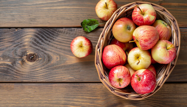 Ripe garden apple fruits in basket on wooden table. Top view flat lay with copy space