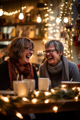 Happy friends in a cozy place smiling laughing, warm autumn mood