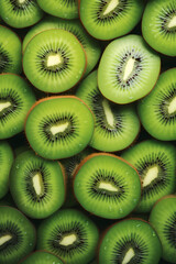A closeup photo of sliced kiwis in a bowl, in the style of light green and dark emerald