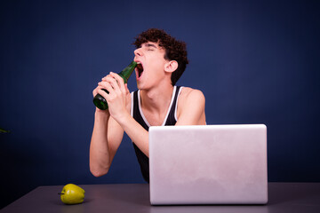 Funny silly guy chatting online and watching adult movies.