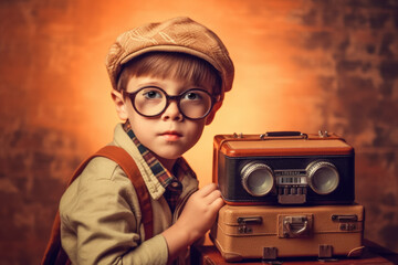 Portrait of schoolboy at the desk in retro style. Education concept. Back to school. Generative AI