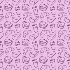 Seamless pattern of violet elements for cafe decor or print. Confectionery, bakery, coffee shop background. A cup of coffee, croissant, cupcake, cheesecake in a simple doodle style.